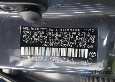 2013 Toyota Prius Two from USA, damaged, VIN JTDKN3DU4D1630774